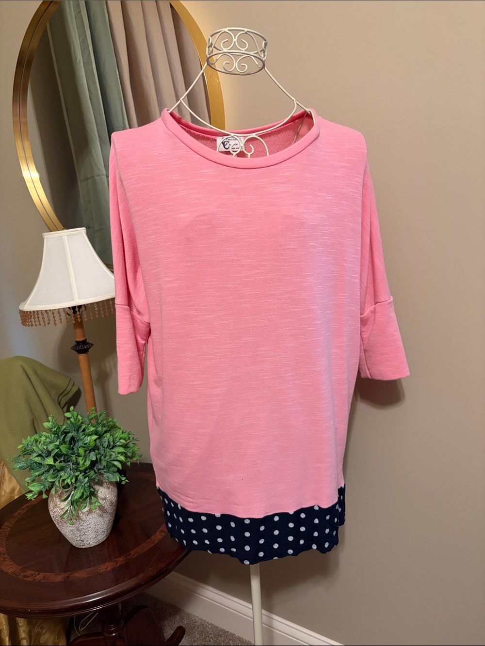 Relaxed Pink Tunic with Navy Polka-Dot Layered Hem